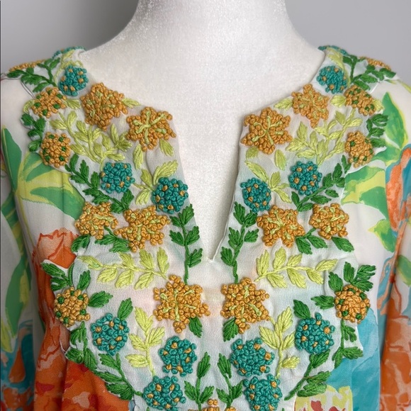 Gretchen Scott Designs Floral Tunic Blouse 3/4 Sleeve Crochet Knit Flowers - Picture 4 of 16